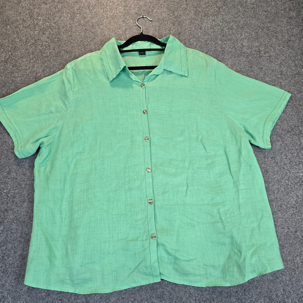 Avenue Shirt Womens 18/20 Green Linen Short Sleeve Casual Ladder Trim Button Up